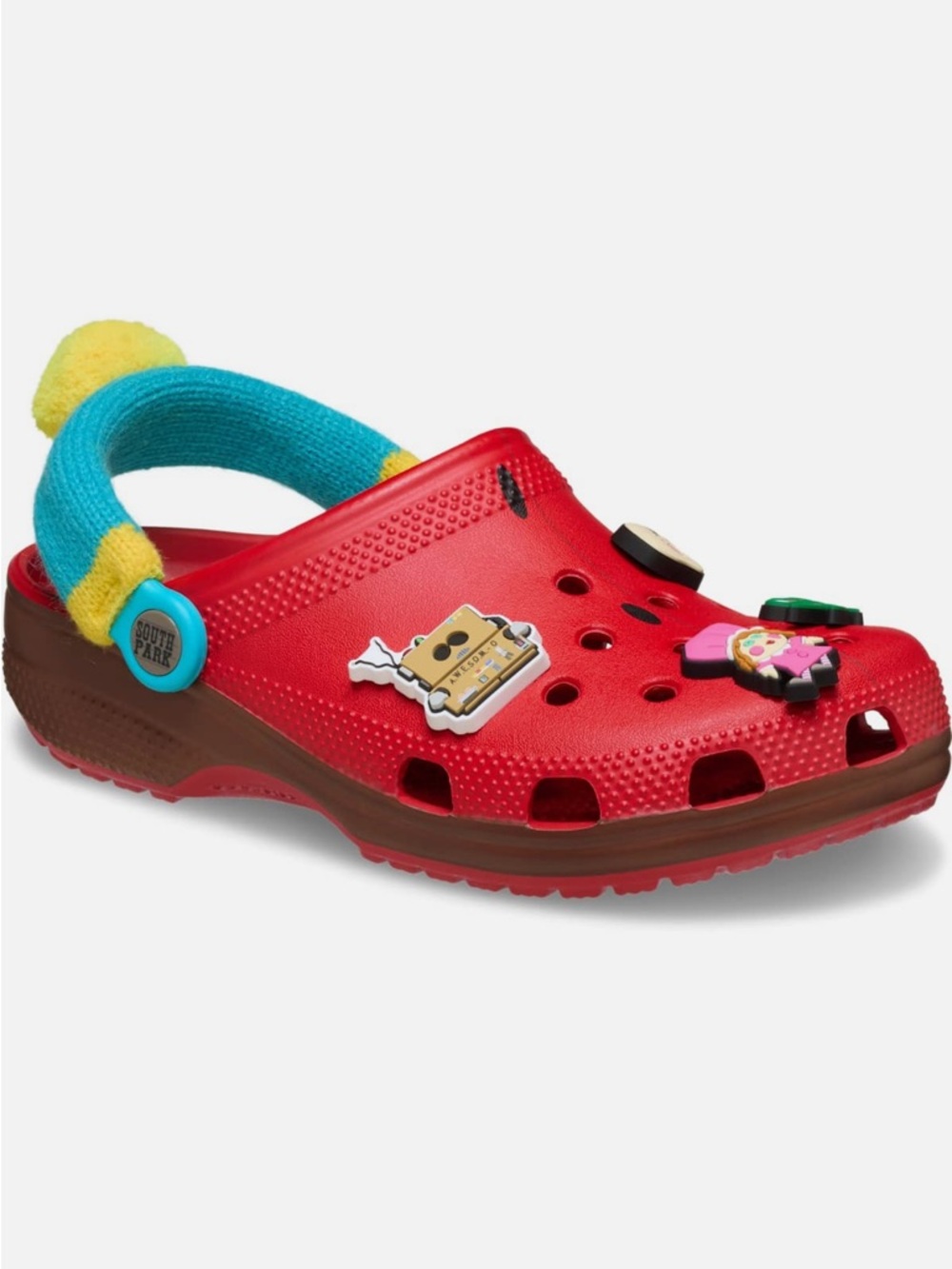 CROCS Men 9/Women 11 Red Clog with Brown Sole and Multicolor Strap
